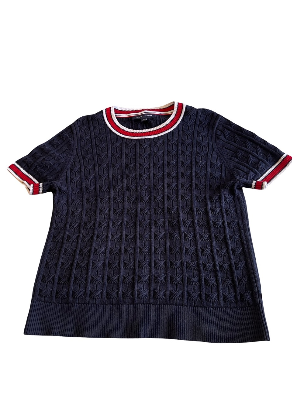 Tommy Hilfiger Navy Cable Knit Short Sleeve Sweater with Red and White Collar